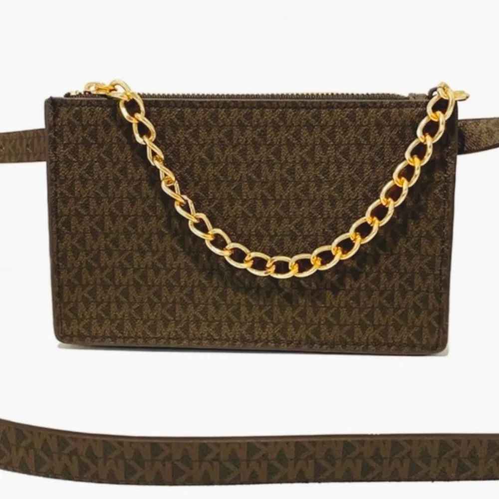 Michael Kors Brown Logo Belt Waist Bag With Gold Chain NWT